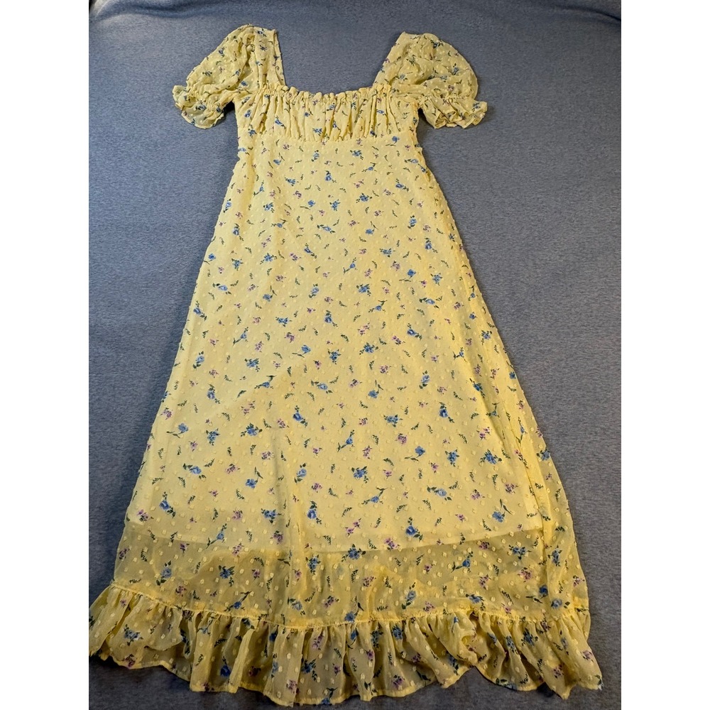 Sun Peony Coconut Yellow Floral Swiss Dot Maxi Dress Puff Sleeve Cottagecore